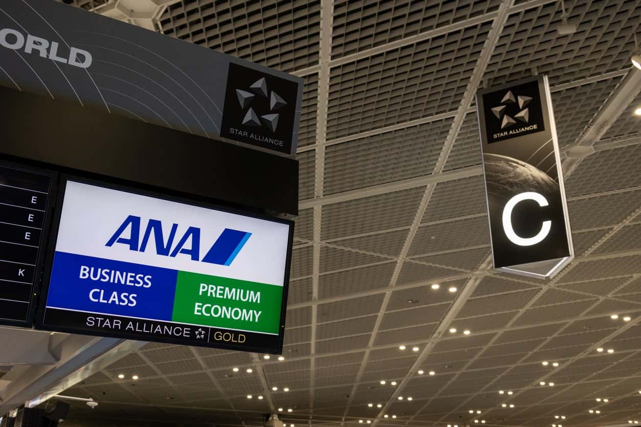 All Nippon Airways (ANA) check-in counter at the Narita International Airport in Japan.