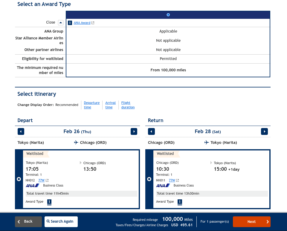 ANA business-class flight from Tokyo (NRT) to Chicago (ORD) using points and miles