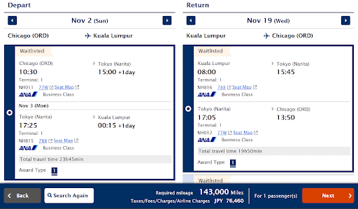 Flight booking page showing a round trip from Chicago to Kuala Lumpur with layovers in Tokyo on ANA. Both business class flights are waitlisted, departing November 2 and returning November 19, requiring 143,000 miles plus fees.