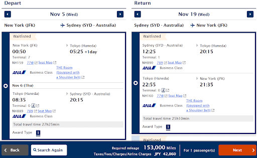 Flight booking screen displaying a waitlisted ANA business class round trip from New York (JFK) to Sydney via Tokyo, departing Nov 5 and returning Nov 19. Total mileage required for this ANA journey is 153,000 miles.