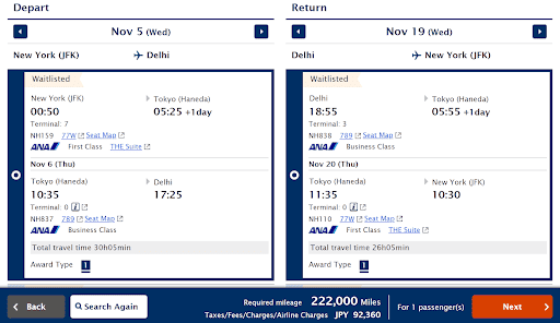 Flight booking page displays waitlisted ANA flights from New York (JFK) to Tokyo (Haneda), departing Nov 5 and returning Nov 19, with travel details, award mileage required, and the “Next” button highlighted for easy navigation.