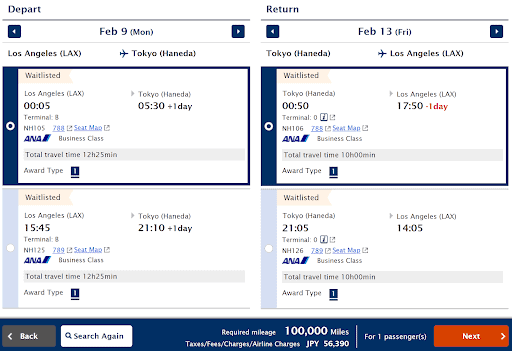 The flight booking page displays ANA waitlisted business class flights between Los Angeles (LAX) and Tokyo (Haneda) for Feb 9–13, showing departure and return times, durations, and total mileage required.