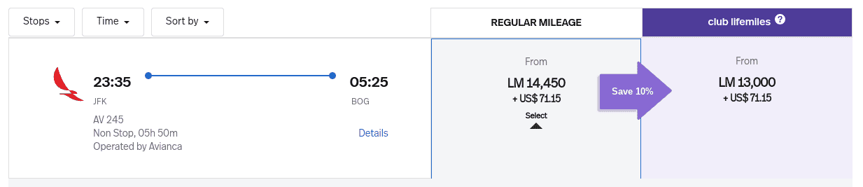Avianca LifeMiles award flight from JFK to Bogota for 13,000 miles plus taxes in June 2025