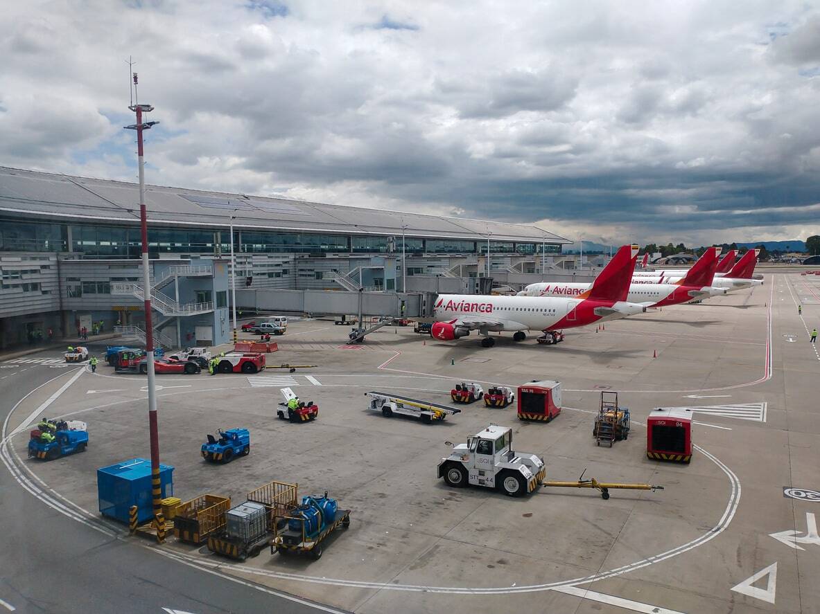 Avianca airplanes parked at Bogotá El Dorado Airport.