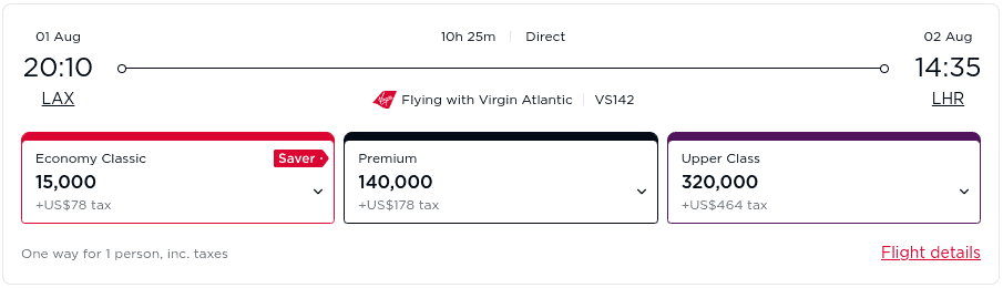 Fly economy class with Virgin Atlantic from Los Angeles (LAX) to London nonstop for 15,000 points each way