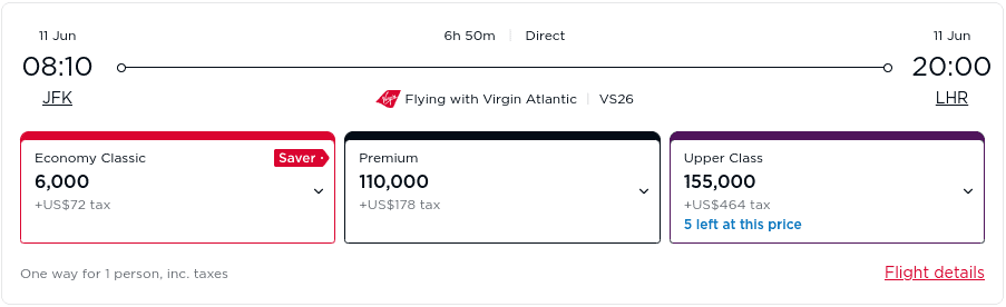 Fly economy class with Virgin Atlantic from Los Angeles (LAX) to London nonstop for 6,000 points each way