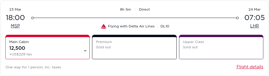 Nonstop flight with Delta from Minneapolis St. Paul (MSP) to London