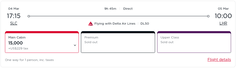 Fly economy class with Delta from Salt Lake City (SLC) to London