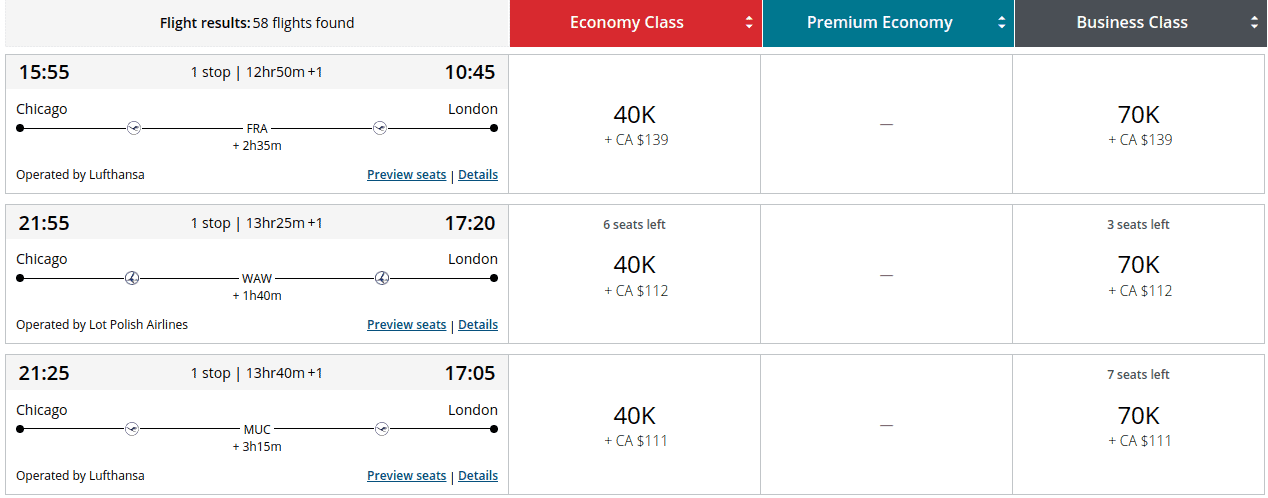 Round-trip connecting flight from Chicago to London with Lufthansa and LOT Polish Airlines
