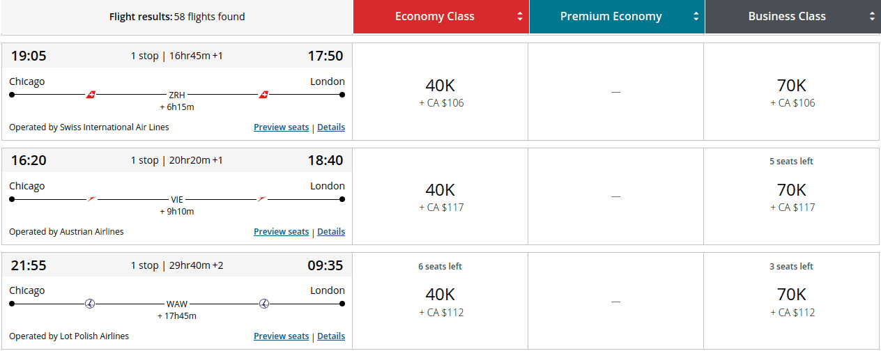 Round-trip connecting flight from Chicago to London with Swiss International Air Lines, Austrian Airlines, and LOT Polish Airlines