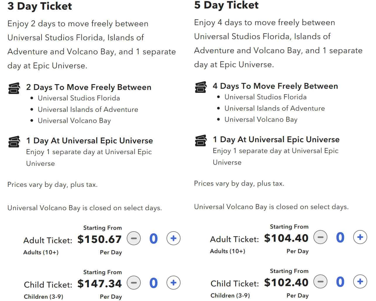 Universal Orlando Resort Ticket Types