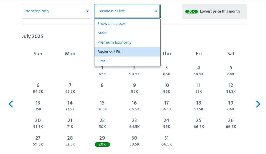 Search for business award fares by filtering the calendar overview by class of service.