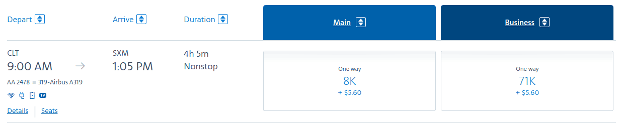 Nonstop economy award fares from Charlotte (CLT) to St. Maarten (SXM) for 8,000 miles per way