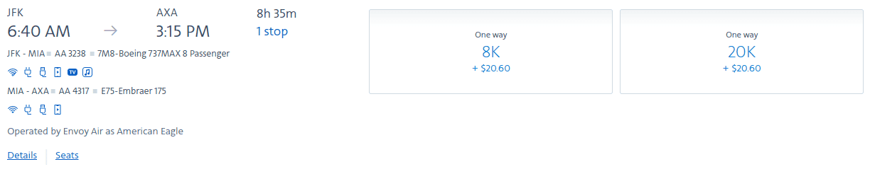 One-way economy award fare from New York (JFK) to Anguilla