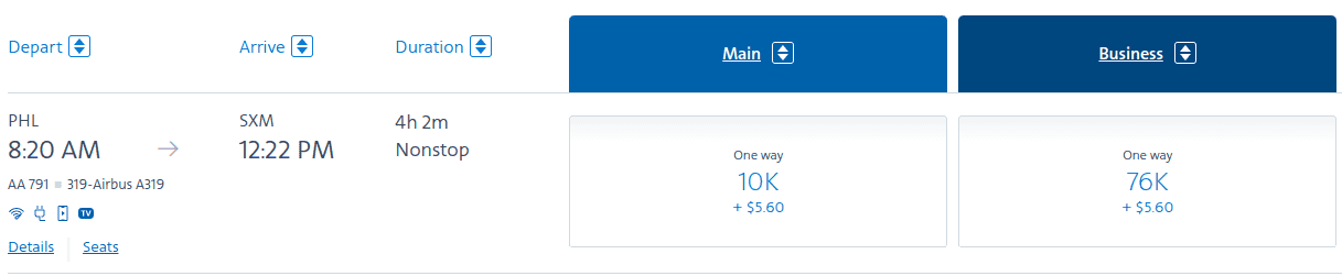 Award fares from Philadelphia to St. Maarten.