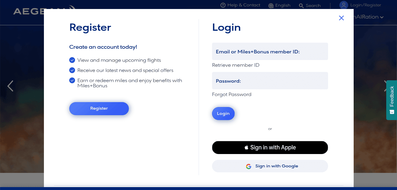 Aegean Airlines website - Login/Register page