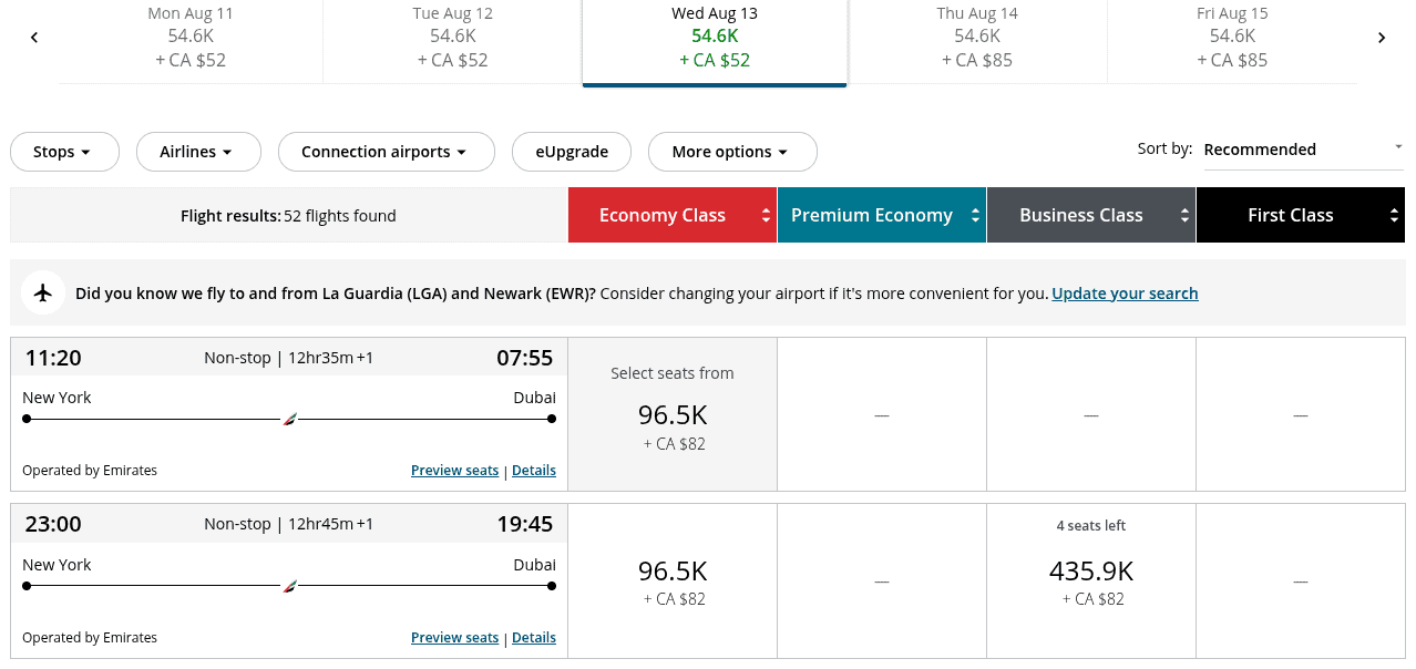 Aeroplan award flight options for Emirates from New York to Dubai in August 2025 showing economy seats at 96.5K miles and business class at 435.9K miles plus CAD $82