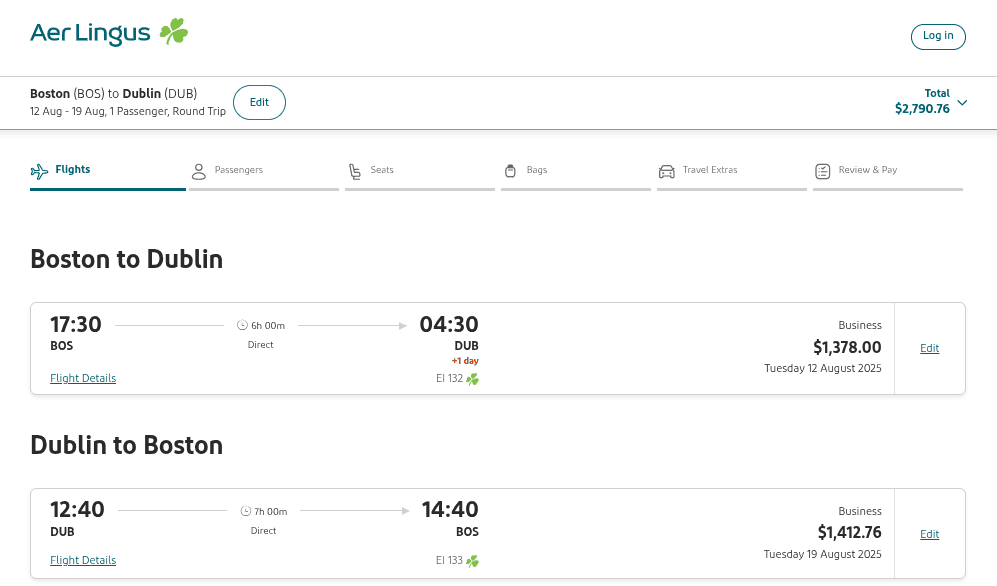 Book Aer Lingus with cash.