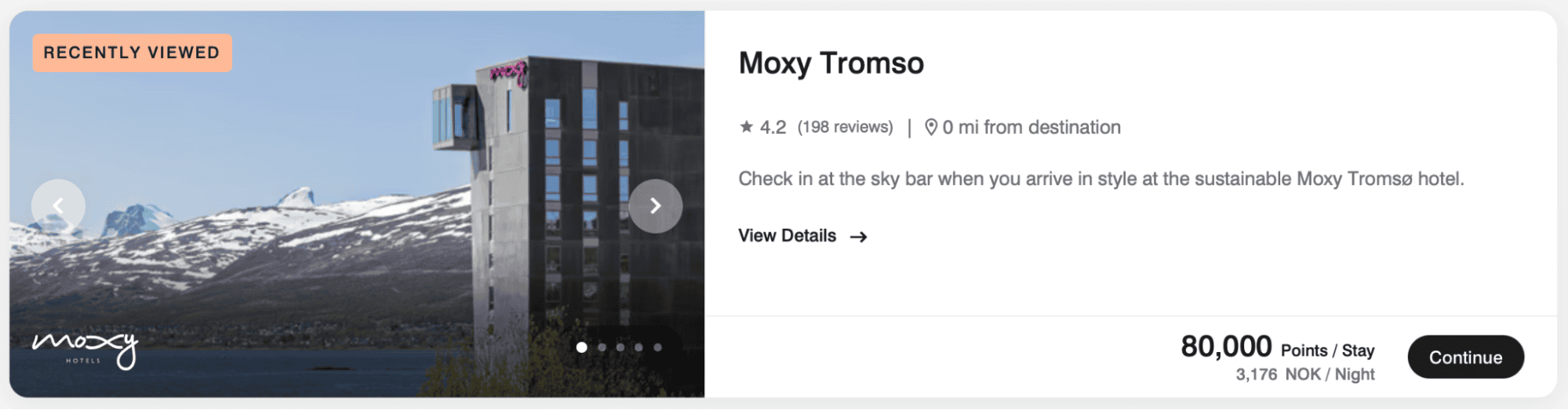 Booking Moxy Tromso hotel with rewards points on nightly rate.