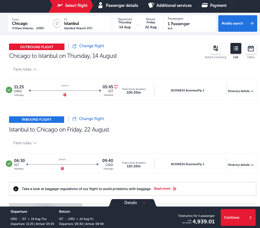 Flight booking summary showing business class roundtrip from Chicago to Istanbul with total fare of USD 4,939.01.