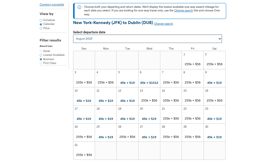 Calendar view of business class rates