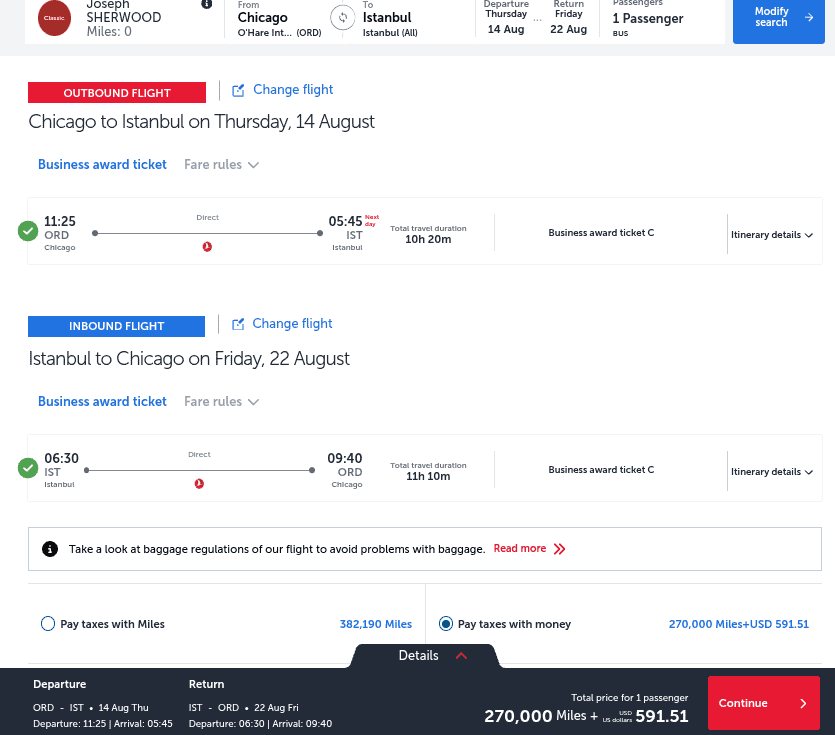 Turkish Airlines business class award booking from Chicago to Istanbul roundtrip, showing 270,000 miles plus $591.51 in taxes.