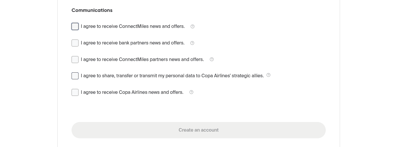 Checkbox options for receiving news, offers, and data sharing consent on the ConnectMiles registration page
