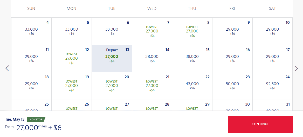 Delta calendar award search function