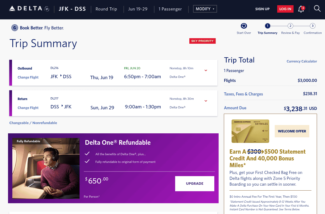Delta One Business class paying with cash