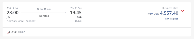 Emirates business class cash fare from New York (JFK) to Dubai (DXB) on August 13, 2025, priced at USD 4,557.40