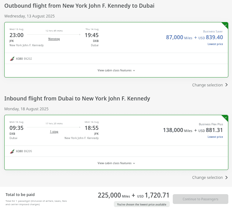 Emirates award flight summary for roundtrip Business Class from New York (JFK) to Dubai (DXB) in August 2025, totaling 225,000 miles and $1,720.71