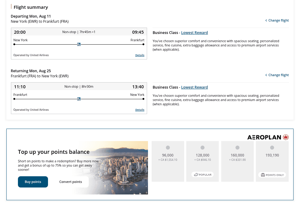 round-trip United Polaris business-class itinerary between Newark (EWR) and Frankfurt, Germany (FRA), for 160,000 Aeroplan points