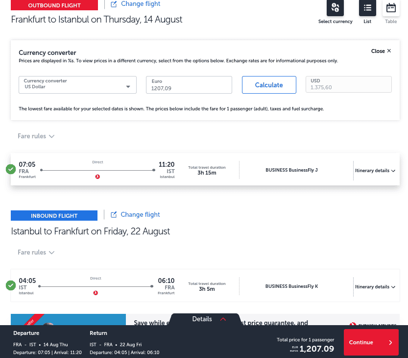 Turkish Airlines roundtrip business class flight from Frankfurt to Istanbul priced at €1,207.09 for one passenger, including taxes and fees.