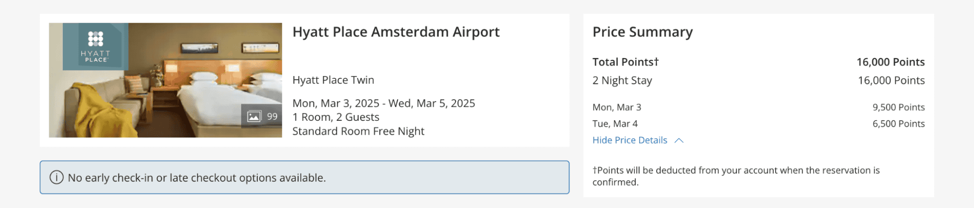 Hyatt Place Amsterdam Airport points booking for March 2025, 2-night stay for 16,000 World of Hyatt points.