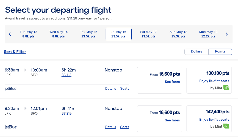 JetBlue award flight options from JFK to SFO showing departure times, flight durations, and Mint lie-flat seat redemption rates in points