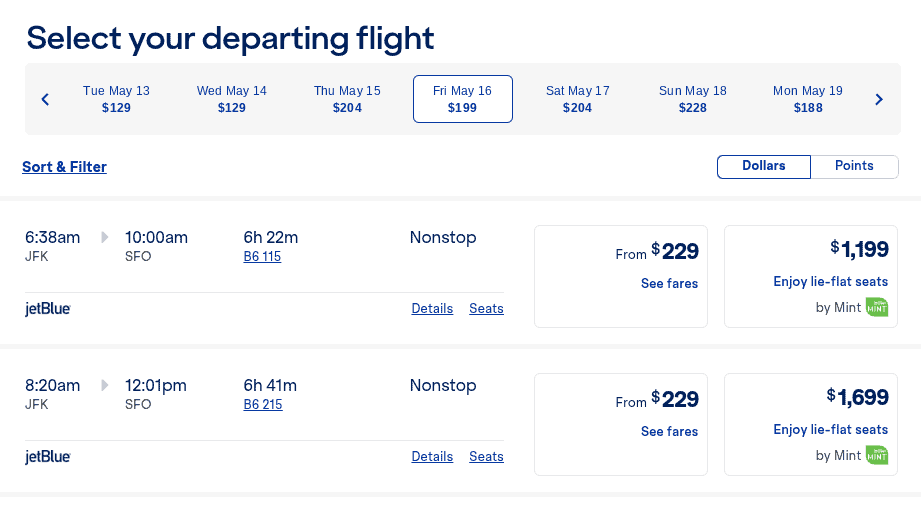 JetBlue cash fare options from JFK to SFO on May 16, showing nonstop flight times and Mint lie-flat seat prices ranging from $1,199 to $1,699