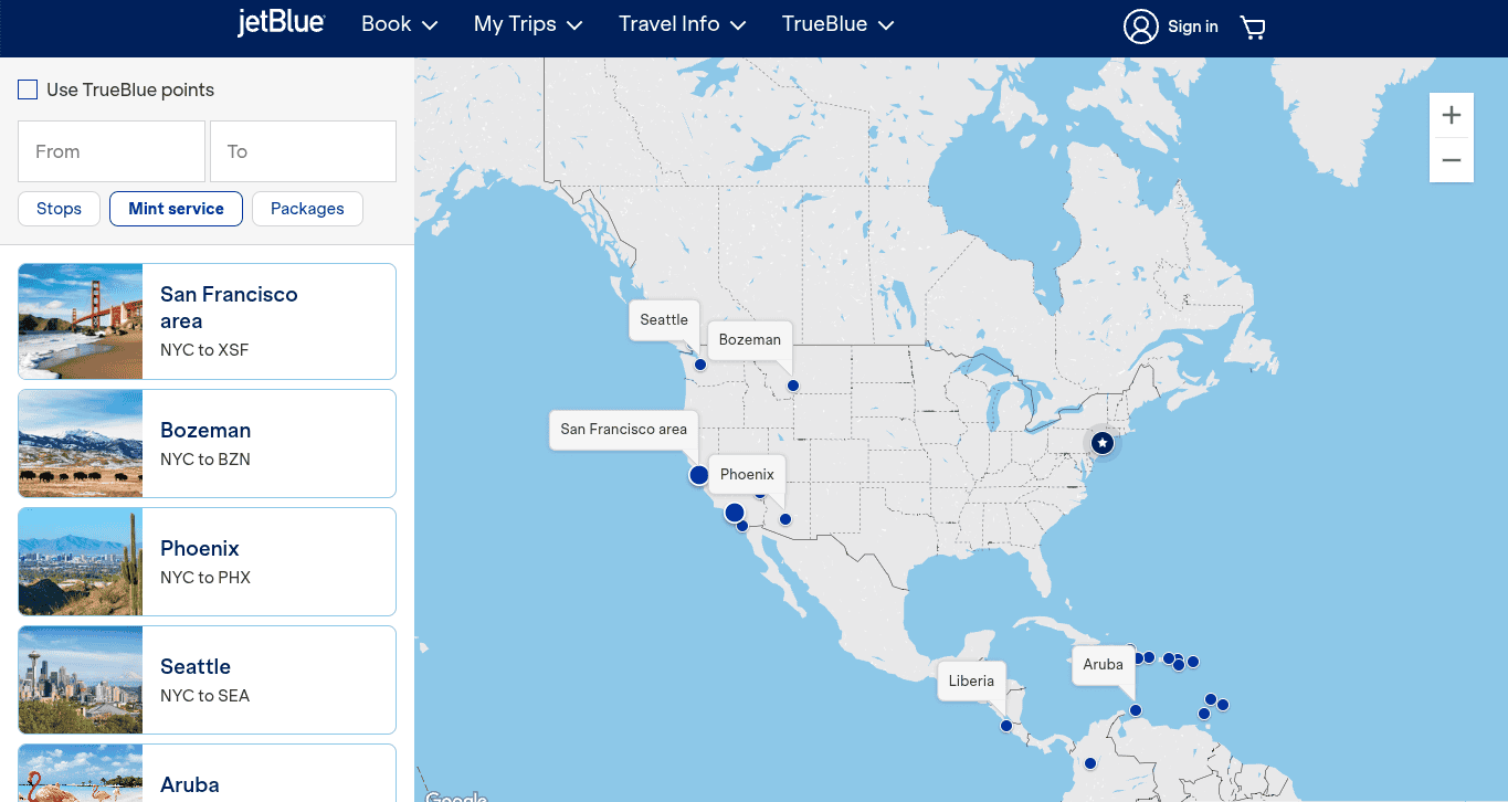JetBlue Mint service destination map showing routes from New York City to cities in the U.S., Caribbean, and Central America