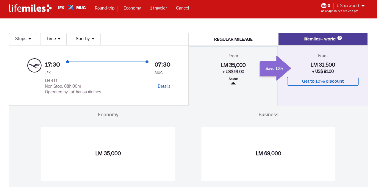 Lifemiles award booking showing Lufthansa nonstop flight from JFK to Munich, with economy available for 35,000 miles and business for 69,000 miles, plus taxes.
