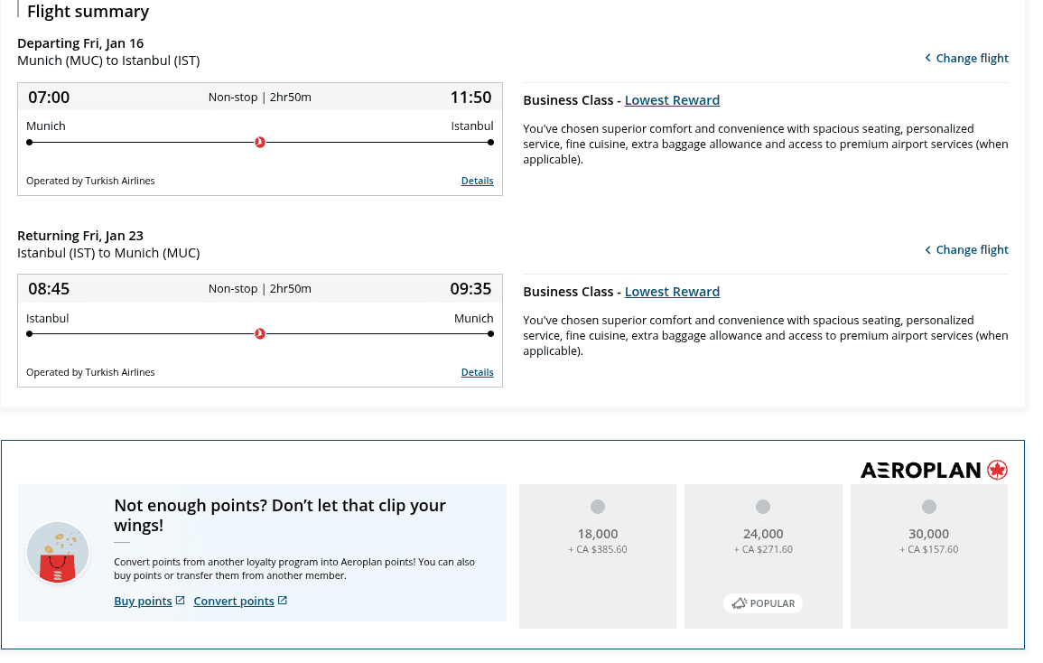 Turkish Airlines business class roundtrip from Munich to Istanbul, available through Aeroplan starting at 30,000 points plus CA$157.60 in taxes and fees.