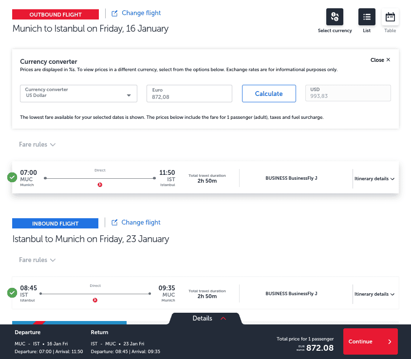 Turkish Airlines business class roundtrip from Munich to Istanbul on January 16–23 priced at €872.08 (approx. $993.83 USD), with direct flights in both directions and a travel duration of 2h50m.