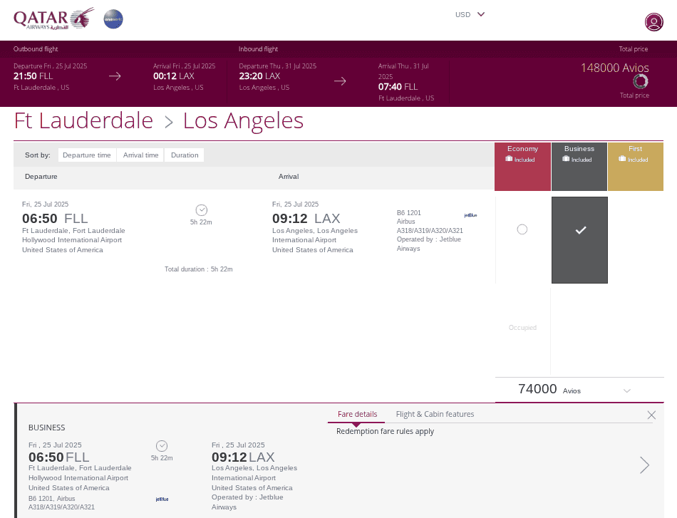 Qatar Airways award booking for a JetBlue-operated business class flight from Ft Lauderdale to Los Angeles on July 25, 2025, showing 74,000 Avios required for a 5-hour 22-minute nonstop flight.