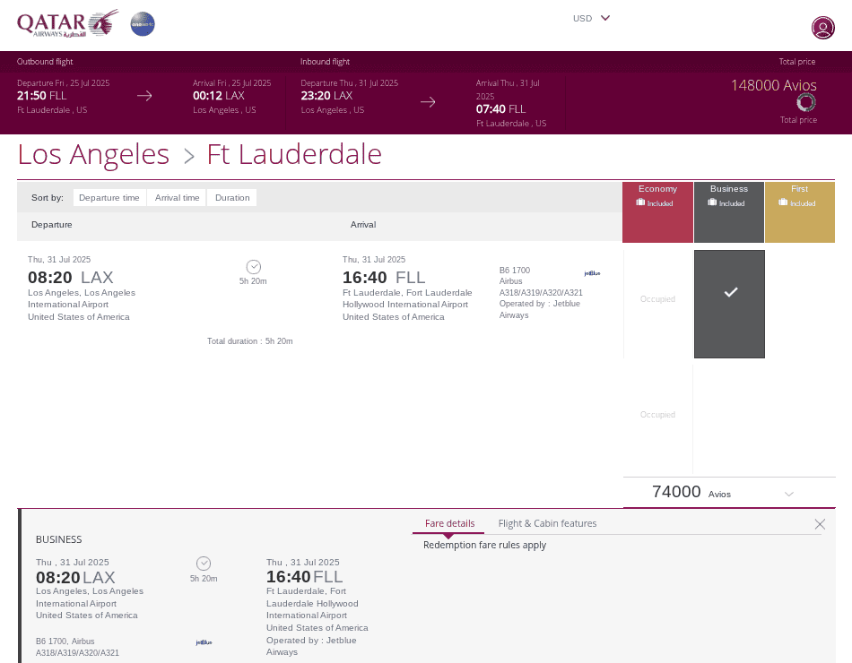 Qatar Airways award booking for a JetBlue-operated business class flight from Los Angeles to Ft Lauderdale on July 31, 2025, showing 74,000 Avios required for a 5-hour 20-minute nonstop flight.