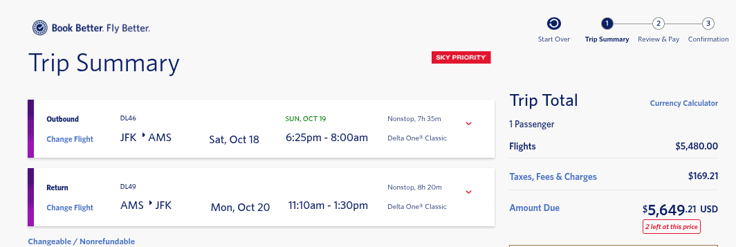 round-trip Delta One itinerary cash payment