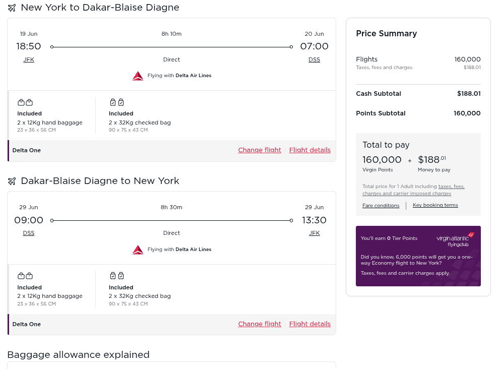 round-trip flight between New York (JFK) and Dakar, Senegal (DSS), for 160,000 Virgin points