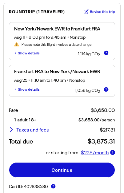 Screenshot of a flight booking summary showing a roundtrip from New York/Newark to Frankfurt, dates August 11 to August 25. Total fare is $3,875.31 for one adult, with a monthly payment option starting at $228.
