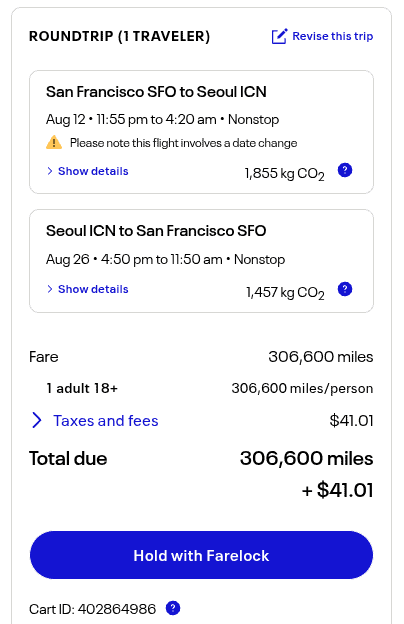 Screenshot of a flight booking summary for a roundtrip from San Francisco (SFO) to Seoul (ICN) for one adult traveler, showing flight dates, total cost of 306,600 miles plus $41.01.