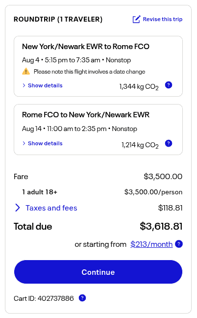 A flight booking of United Polaris business-class with cash. The flight summary shows a roundtrip from New York/Newark EWR to Rome FCO for one adult. Total cost is $3,618.81.