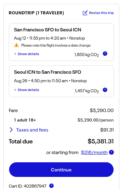 Screenshot of a flight booking summary for one adult from San Francisco (SFO) to Seoul (ICN) roundtrip. Total due is $5,381.31. Flight dates are August 12 and August 26.