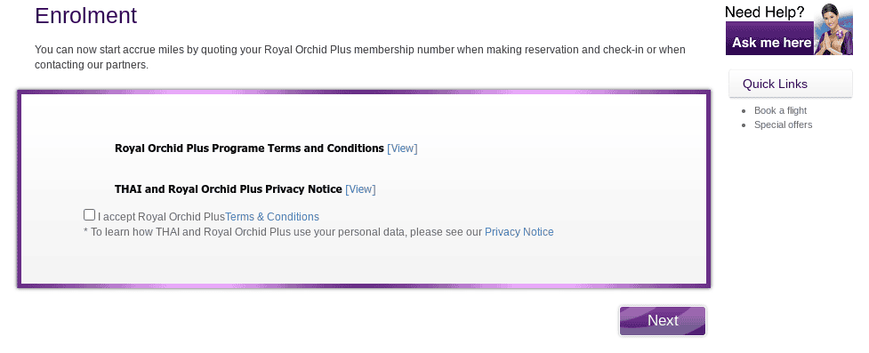 Thai Airways website - Enrolment Terms and Conditions