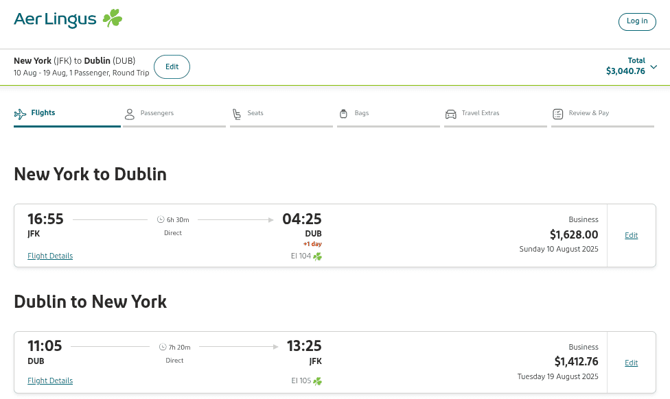 Trip summary of booking Aer Lingus with Alaska Airlines Mileage Plan using cash.